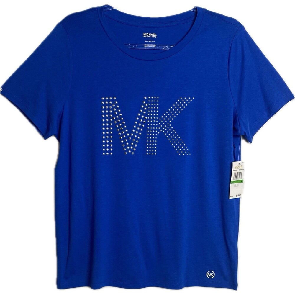 F. Michael Kors Embellished Top M Logo Blue Blouse Cap Sleeve NWT $78